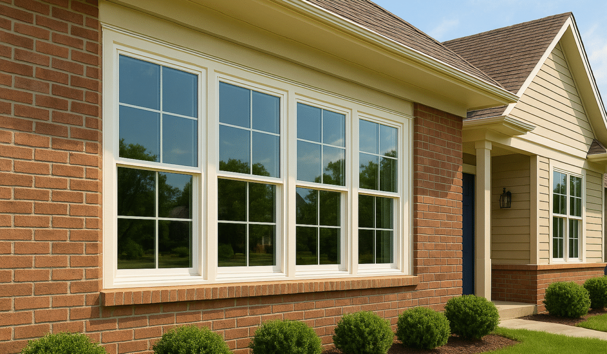 Exterior view of a brick house featuring newly installed white double-hung windows with grids, surrounded by green landscaping.