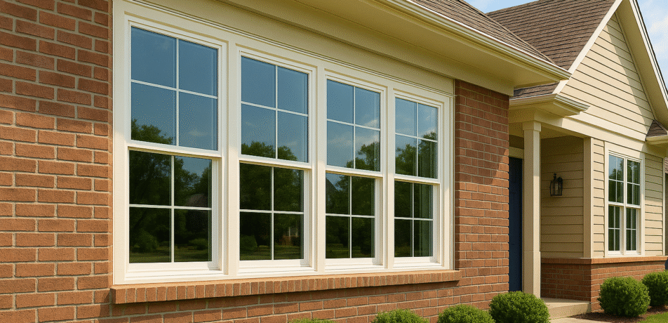 Exterior view of a brick house featuring newly installed white double-hung windows with grids, surrounded by green landscaping.