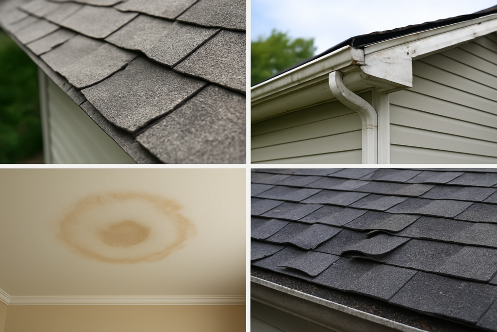 Collage of four images showing: (Top Left) Close-up of cracked and misaligned asphalt shingles; (Top Right) Gutters clogged with debris; (Bottom Left) A circular water stain on an interior ceiling; (Bottom Right) Curled and damaged asphalt shingles on a roof.