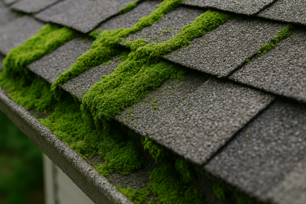 Close-up view of green moss densely growing between the overlapping layers of gray asphalt roof shingles.