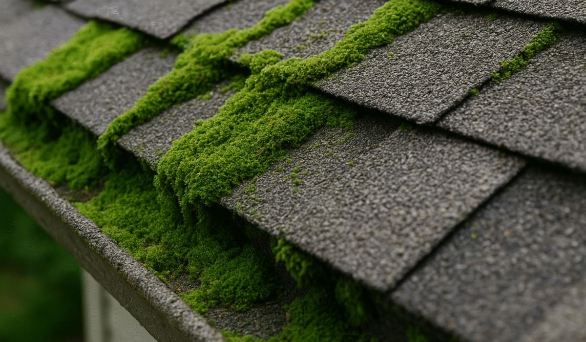 Close-up view of green moss densely growing between the overlapping layers of gray asphalt roof shingles.