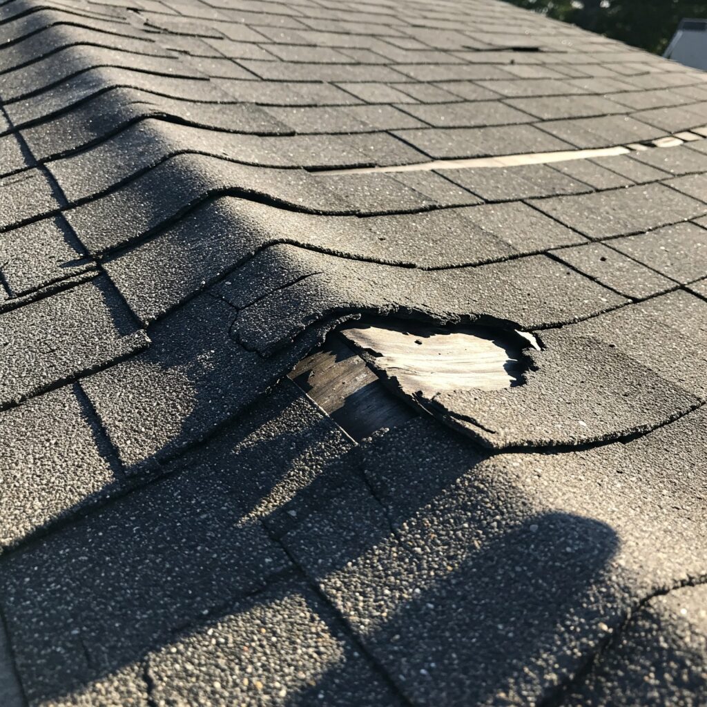 Close-up view of a section of a roof with several missing, cracked, and misaligned asphalt shingles, revealing the underlayment and indicating potential flaws in the original installation that compromise the roof's protective capabilities.