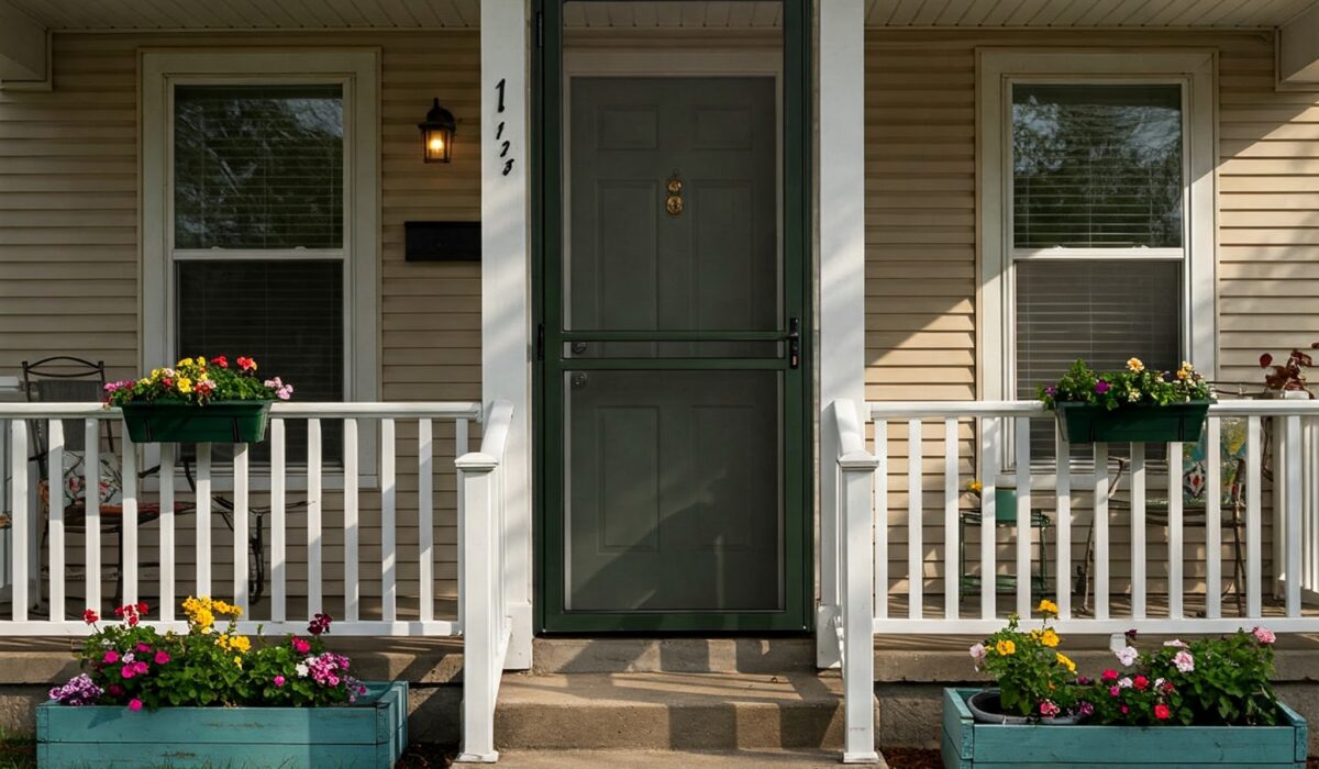 Screen Tight Creekside 32-in x 80-in Finger Joint Wood Hinged Single Screen Door, providing weather protection and ventilation for New Jersey homes.