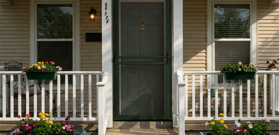 Screen Tight Creekside 32-in x 80-in Finger Joint Wood Hinged Single Screen Door, providing weather protection and ventilation for New Jersey homes.