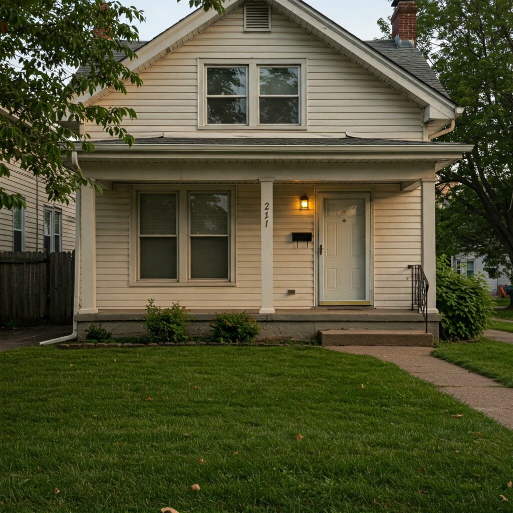 White traditional-style front door with a single sidelight on a light beige house in a residential neighborhood.