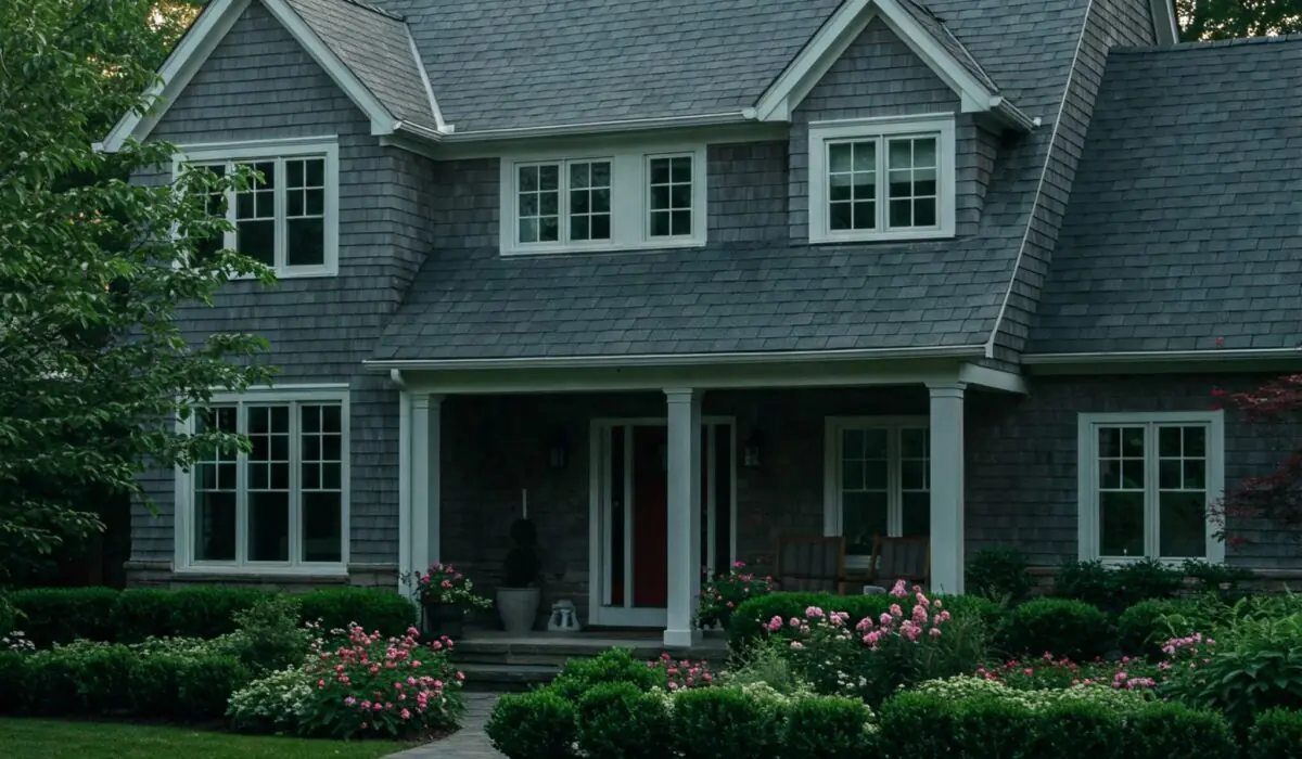 Exterior view of a well-kept two-story house with a neatly shingled roof, representing the ideal outcome of proper roof installation, in contrast to the costly issues that can arise from poor workmanship.
