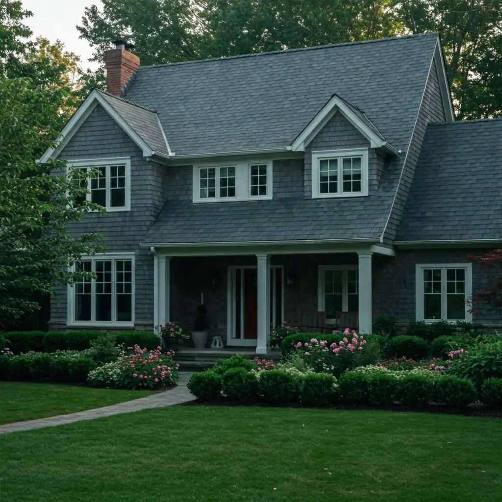 Exterior shot of a large, well-kept house with a prominent gray shingle roof, illustrating the visible top layer that protects the crucial underlayment, deck, and ventilation components of a home's roofing system.