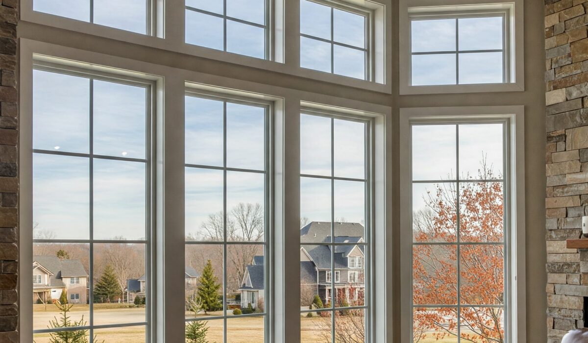Interior view of a living room with a series of large, grid-patterned energy-efficient windows .