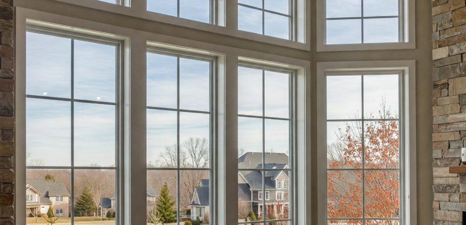 Interior view of a living room with a series of large, grid-patterned energy-efficient windows .