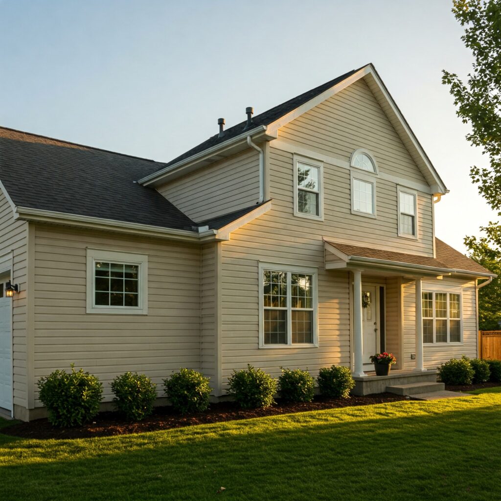 Modern two-story house with light beige vinyl siding, emphasizing the importance of siding inspection for New Jersey homeowners after winter.