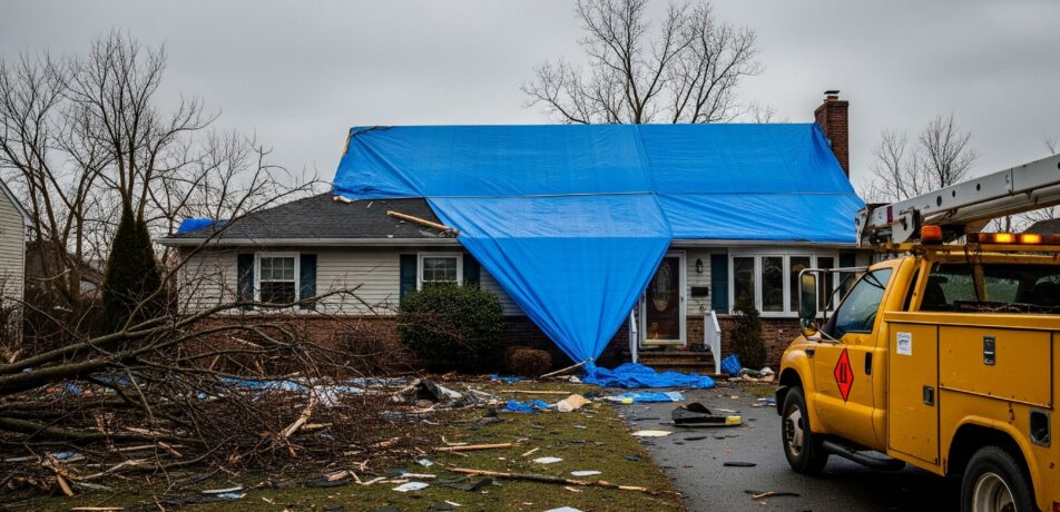 NJ home with roof tarp installed after storm damage