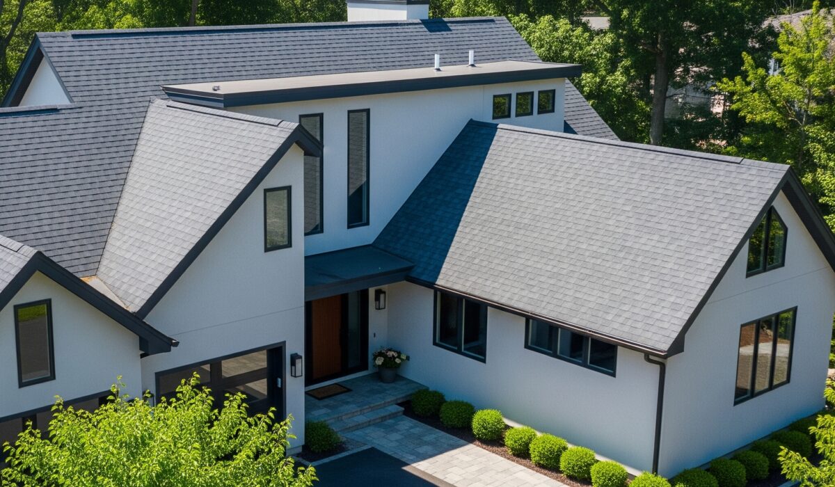 New Jersey home with energy-efficient metal or asphalt roof in bright sunlight