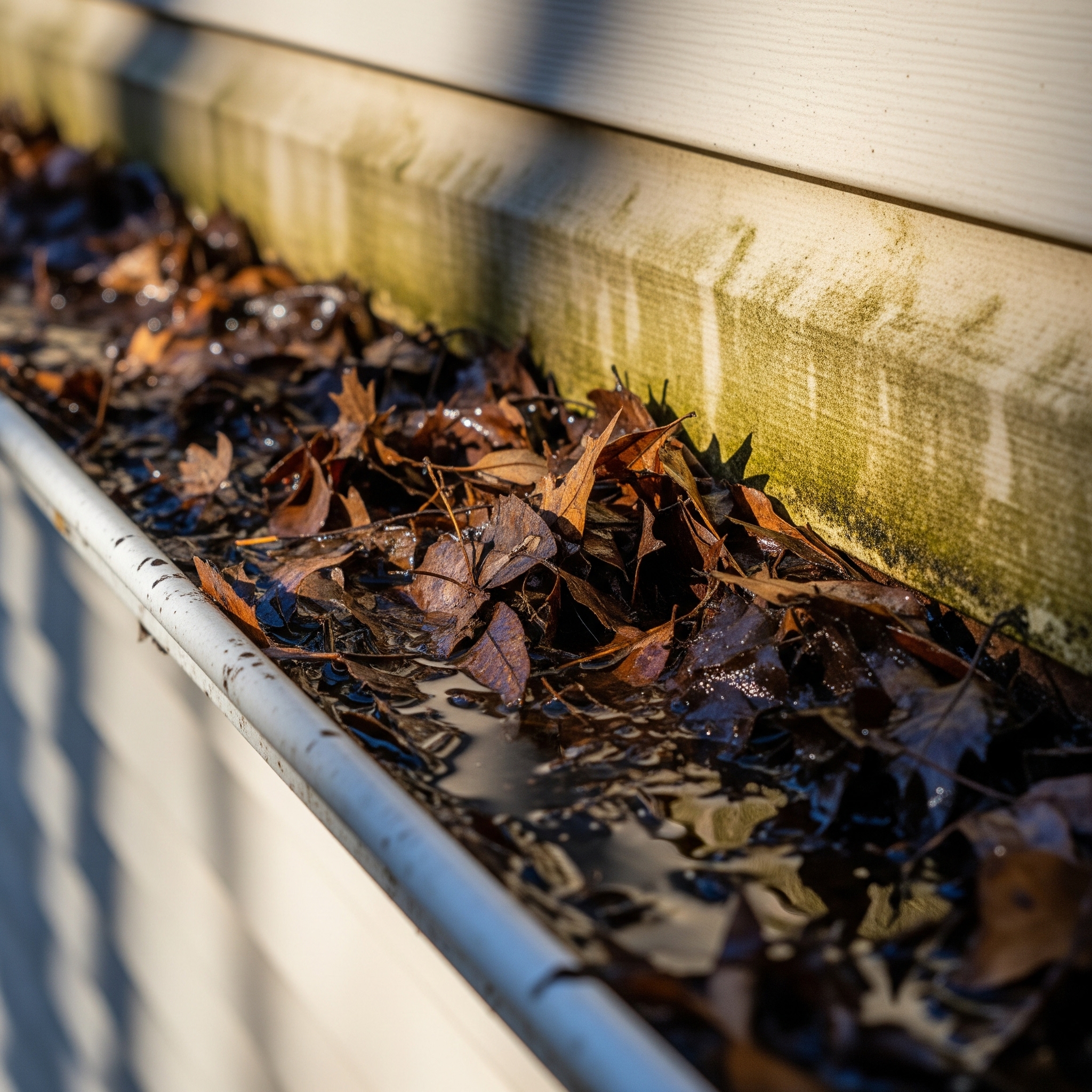 Clogged gutter with leaves and standing water on Burlington County home Clogged gutter with leaves and standing water on Burlington County home