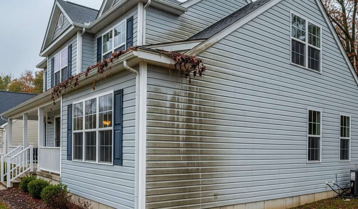 Overflowing gutters causing siding and foundation water damage on a Burlington NJ home