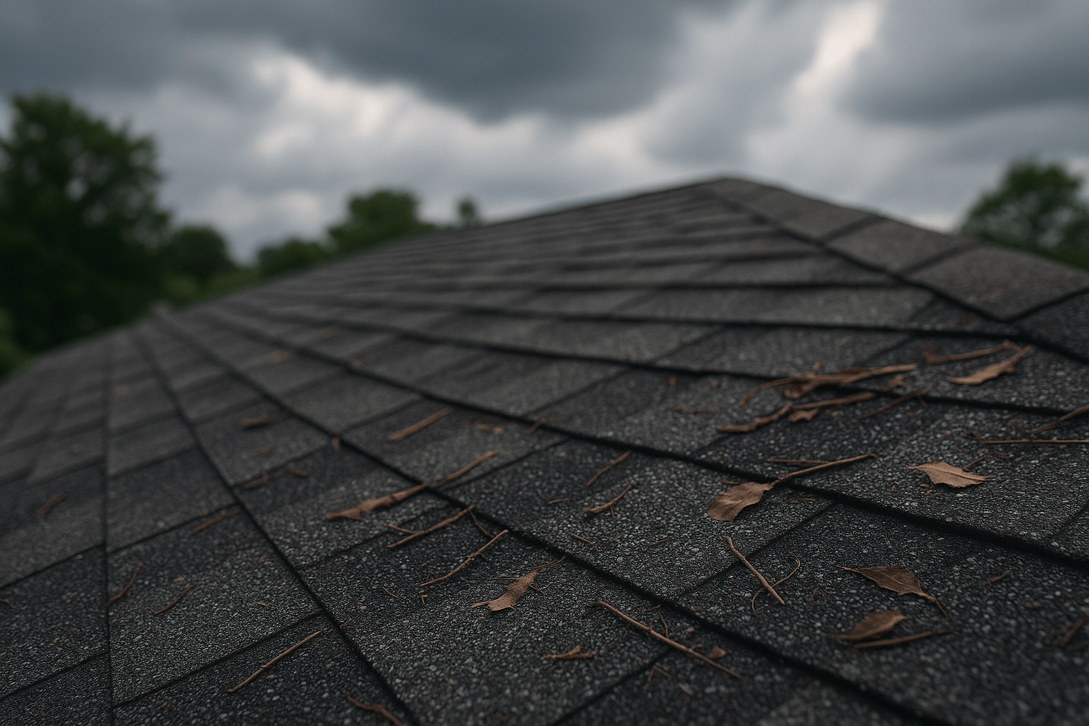 Close-up of shingles with granule loss and storm debris on a New Jersey roof