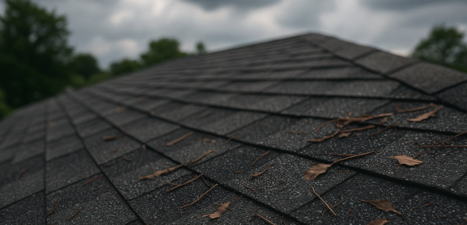 Close-up of shingles with granule loss and storm debris on a New Jersey roof