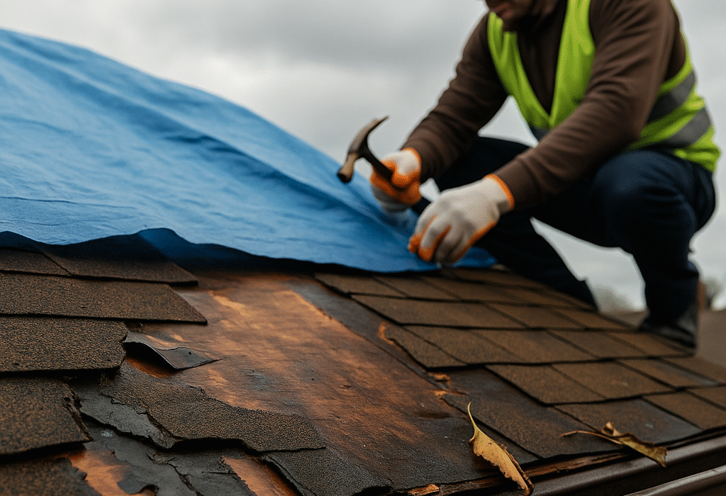 Close-up of roof damage being repaired with tarp by NJ contractor