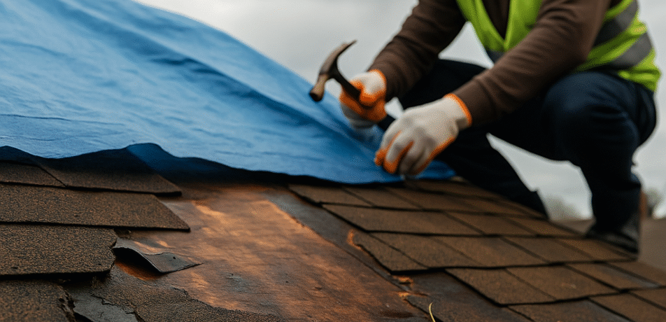 Close-up of roof damage being repaired with tarp by NJ contractor