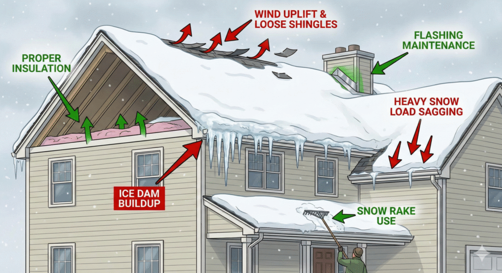 Diagram showing ice dams, wind uplift, and snow load zones