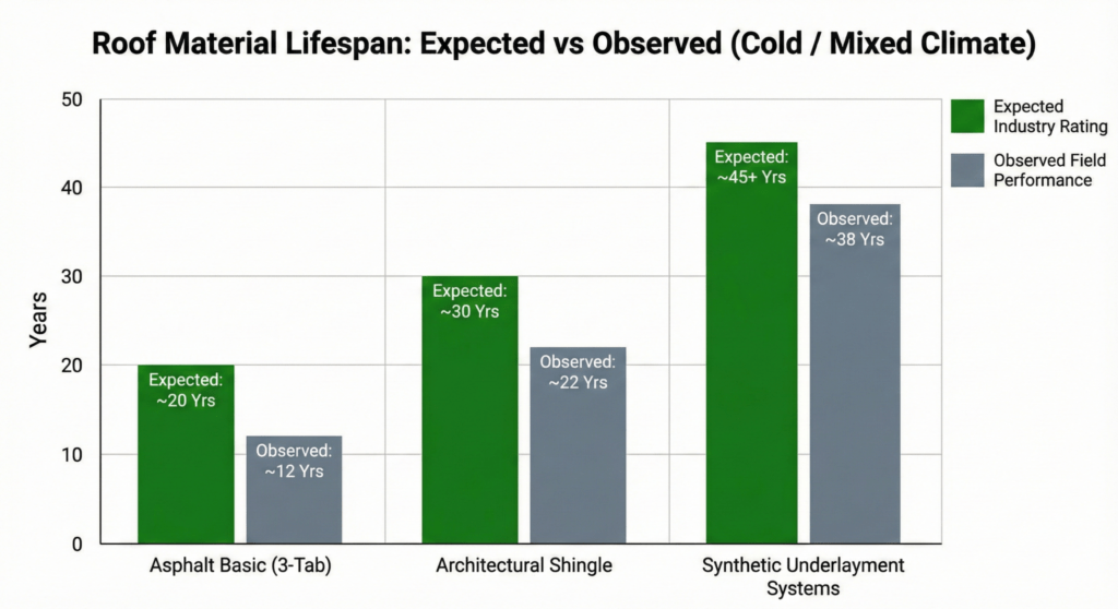 Roof Material Lifespan: Expected vs Observed (Cold / Mixed Climate).