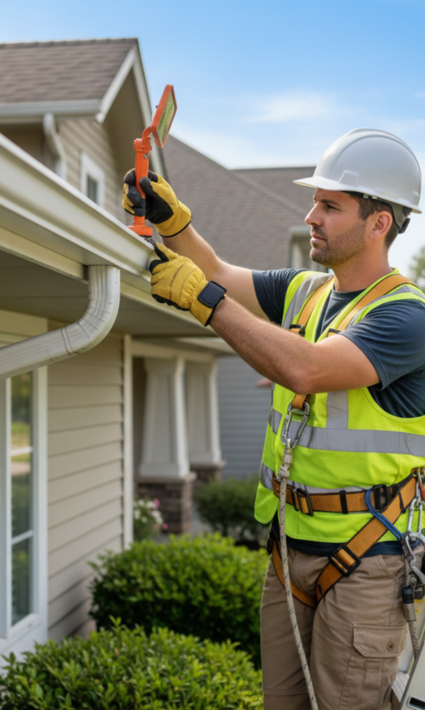 Technician cleaning gutters on a two-story South Jersey home