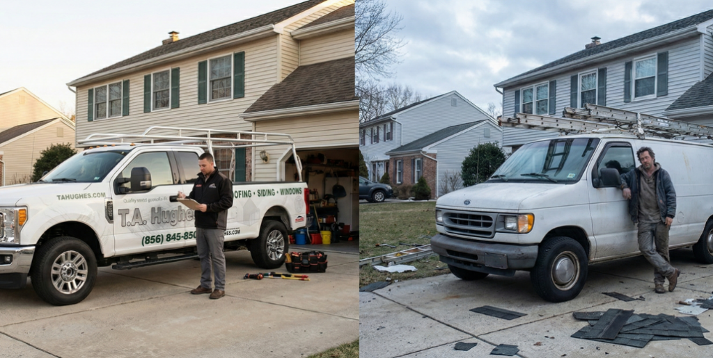 Legitimate vs. Shady Roofer – Visual Contrast in a Suburban NJ Setting
