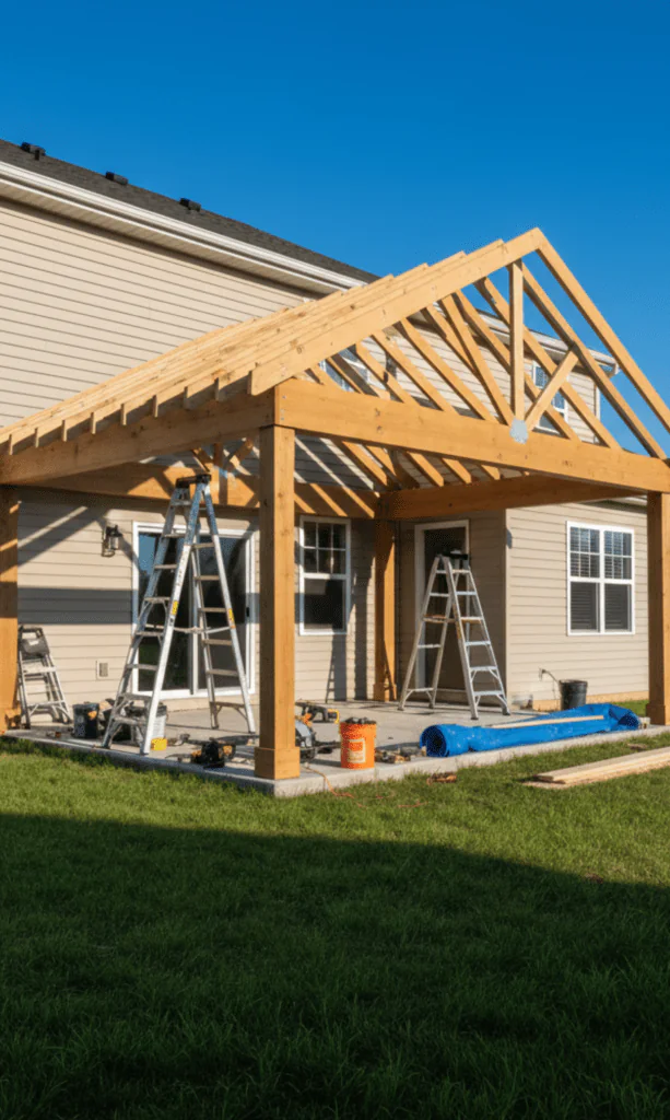 Outdoor roof addition under construction with visible beams and open backyard