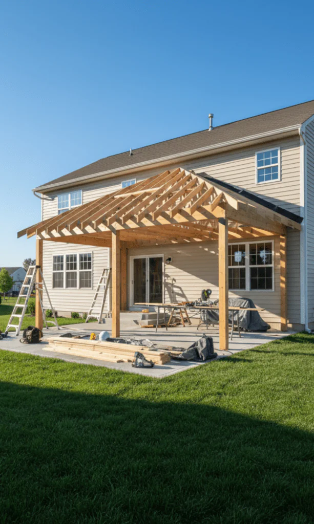 Outdoor roof addition under construction with visible beams and open backyard