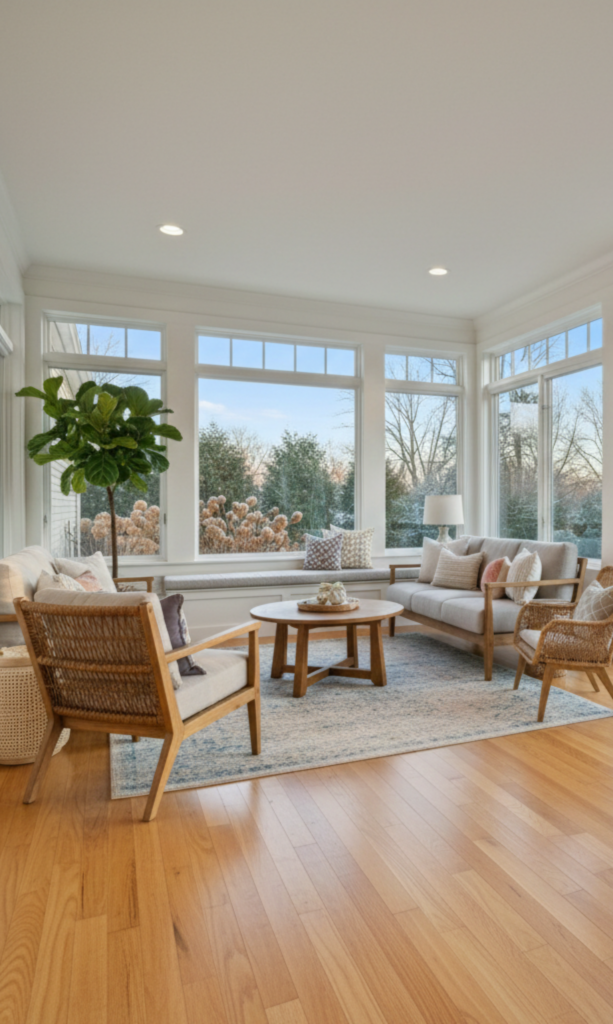Exterior of a South Jersey home with new rear addition, matching siding and roof, green lawn and blue sky.