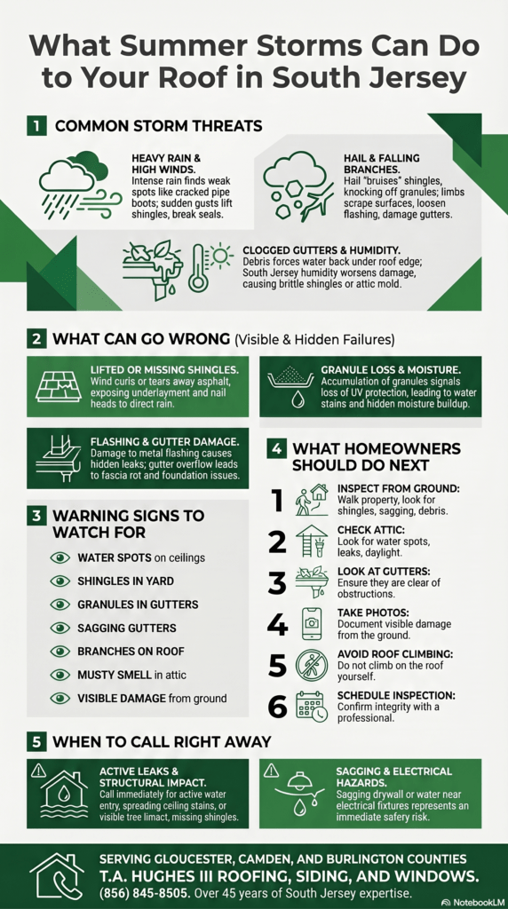 Infographic explaining how summer storms can damage roofs in South Jersey and what homeowners should do after a storm Infographic explaining how summer storms can damage roofs in South Jersey and what homeowners should do after a storm