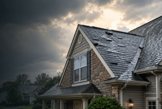 Storm-damaged residential roof on a South Jersey home after heavy summer rain and wind