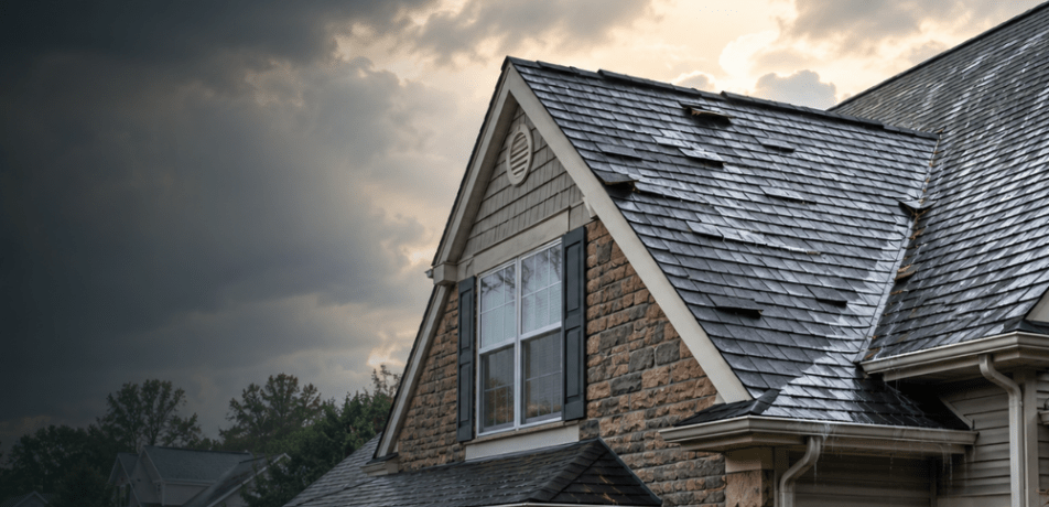 Storm-damaged residential roof on a South Jersey home after heavy summer rain and wind