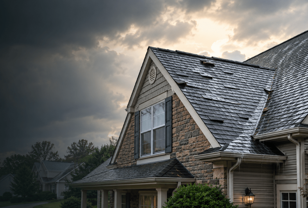 Storm-damaged residential roof on a South Jersey home after heavy summer rain and wind