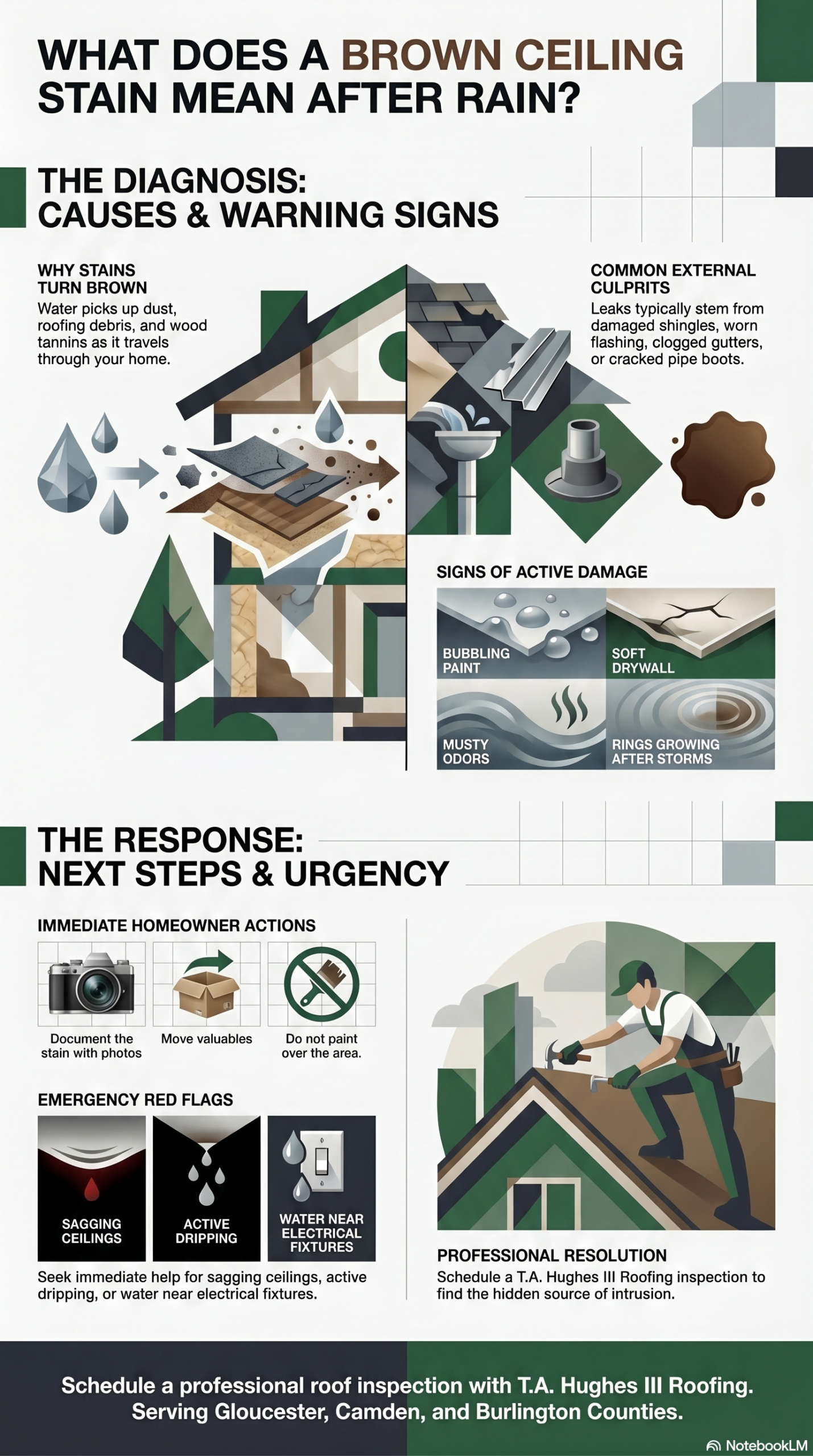 Infographic explaining what a brown ceiling stain after rain may mean, including common causes like roof leaks, flashing problems, clogged gutters, and attic moisture Infographic explaining what a brown ceiling stain after rain may mean, including common causes like roof leaks, flashing problems, clogged gutters, and attic moisture