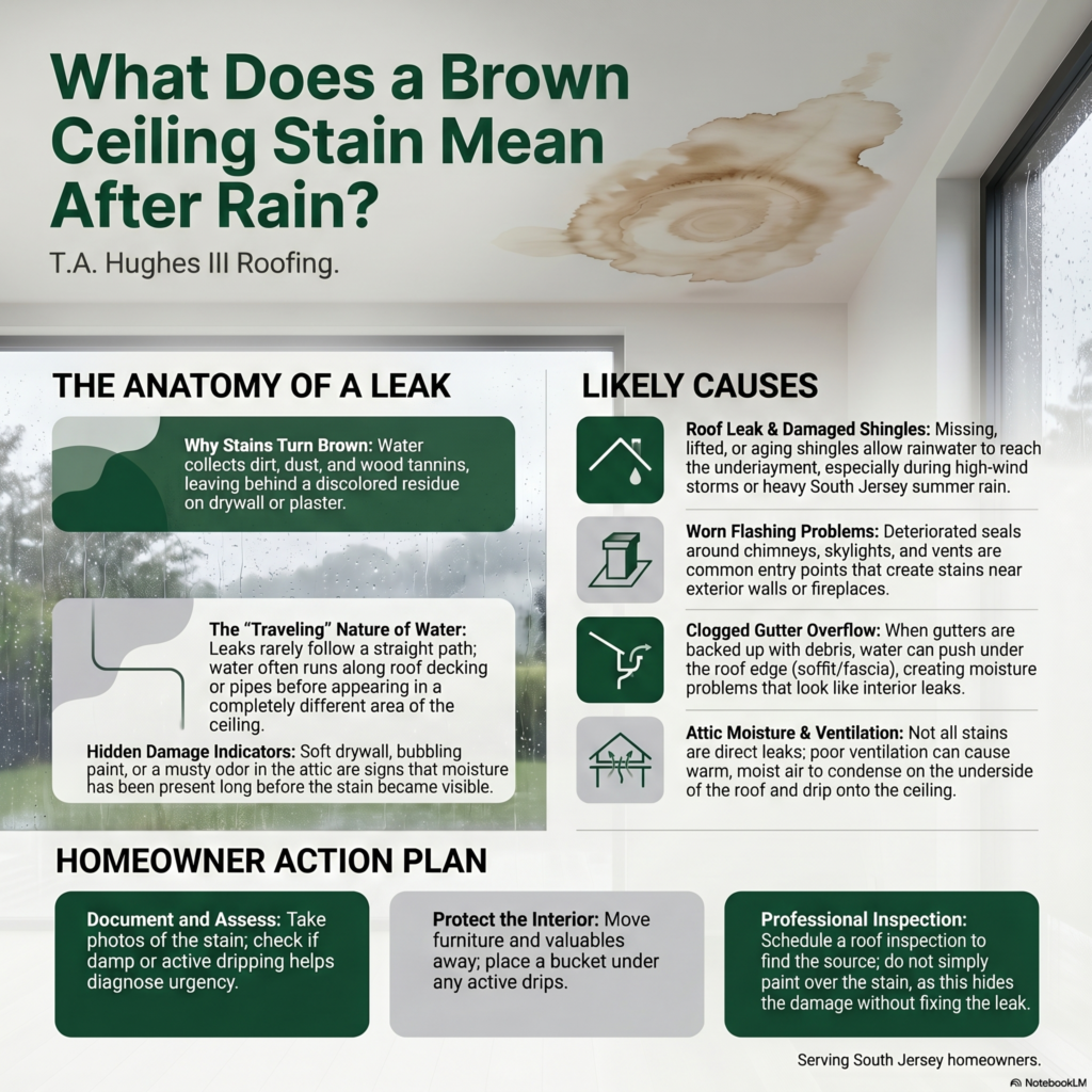 Infographic explaining what a brown ceiling stain after rain may mean, including common causes like roof leaks, flashing problems, clogged gutters, and attic moisture
