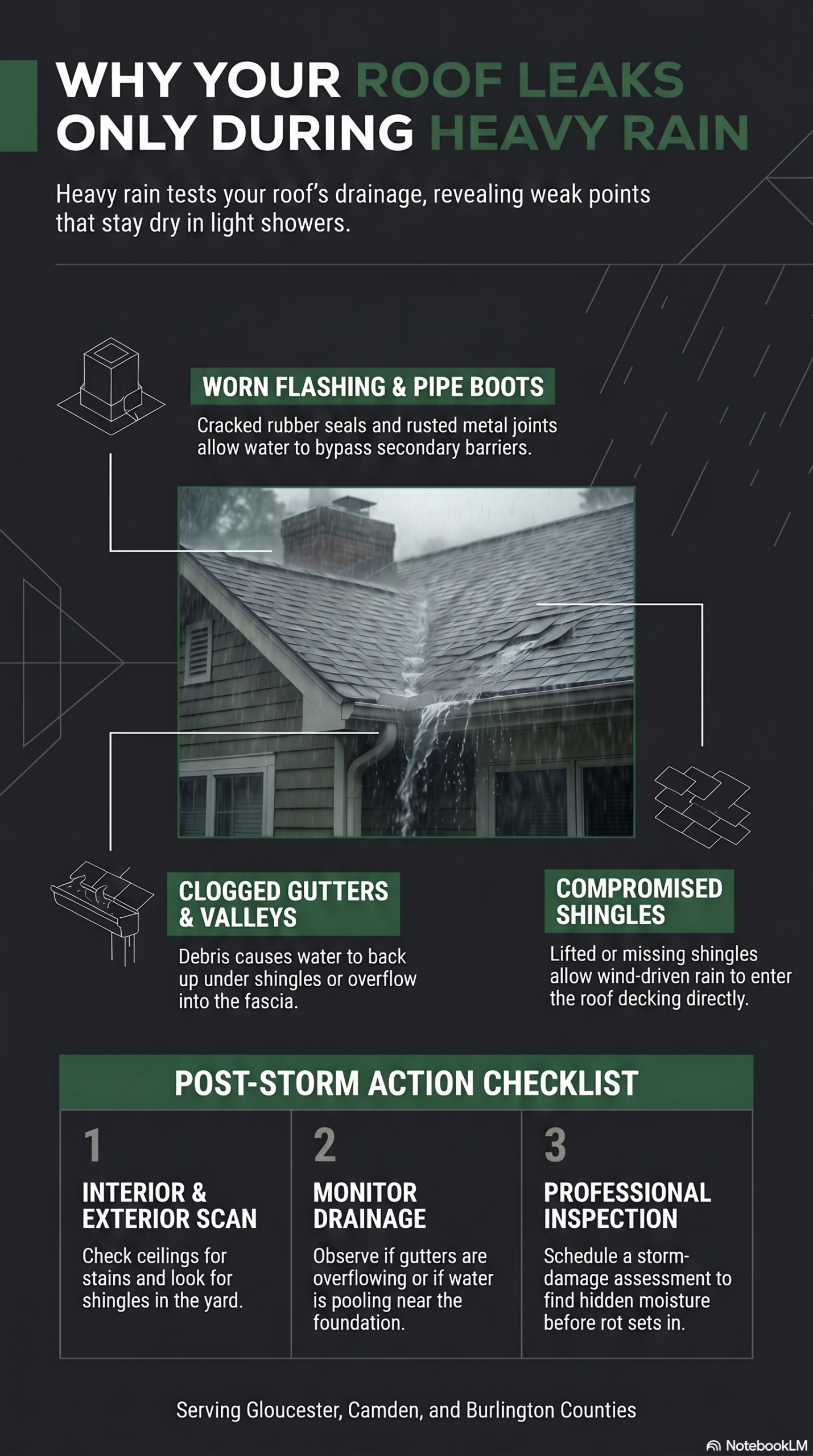 Infographic explaining why roofs leak only during heavy rain and showing common causes such as worn flashing, clogged gutters, missing shingles, roof valleys, and pipe boots Infographic explaining why roofs leak only during heavy rain and showing common causes such as worn flashing, clogged gutters, missing shingles, roof valleys, and pipe boots