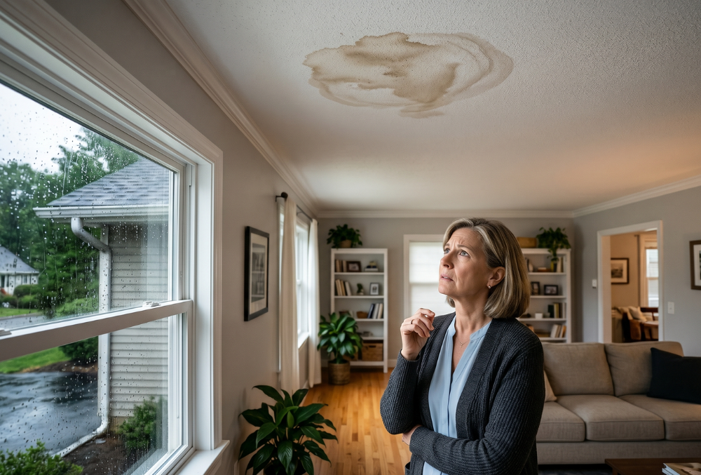 Brown ceiling stain inside a South Jersey home after rain, showing a possible roof leak or exterior water intrusion issue