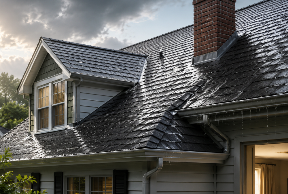 South Jersey home roof during heavy rain showing common roof leak risks including shingles, flashing, gutters, and roof valleys