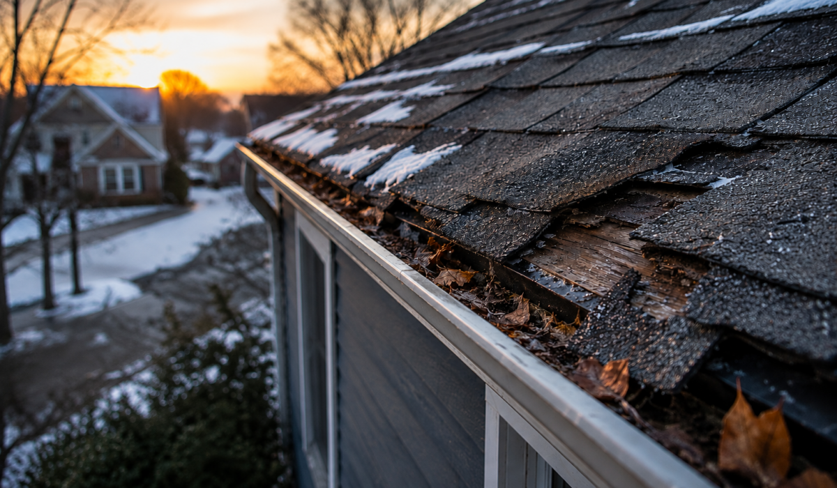 An image of a house with damaged shingles and clogged gutters, which are two signs of a roof needs repairs before winter.