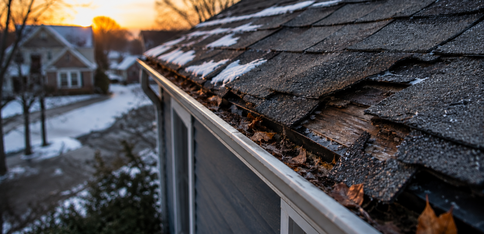 An image of a house with damaged shingles and clogged gutters, which are two signs of a roof needs repairs before winter.