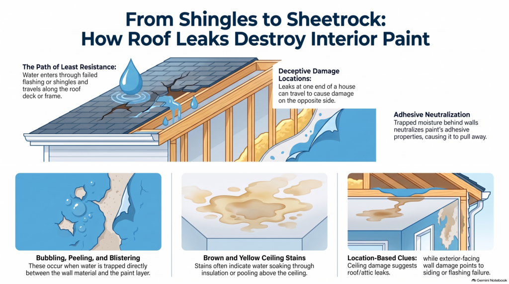 An infographic about how paint may peel and bubble due to moisture in the home.