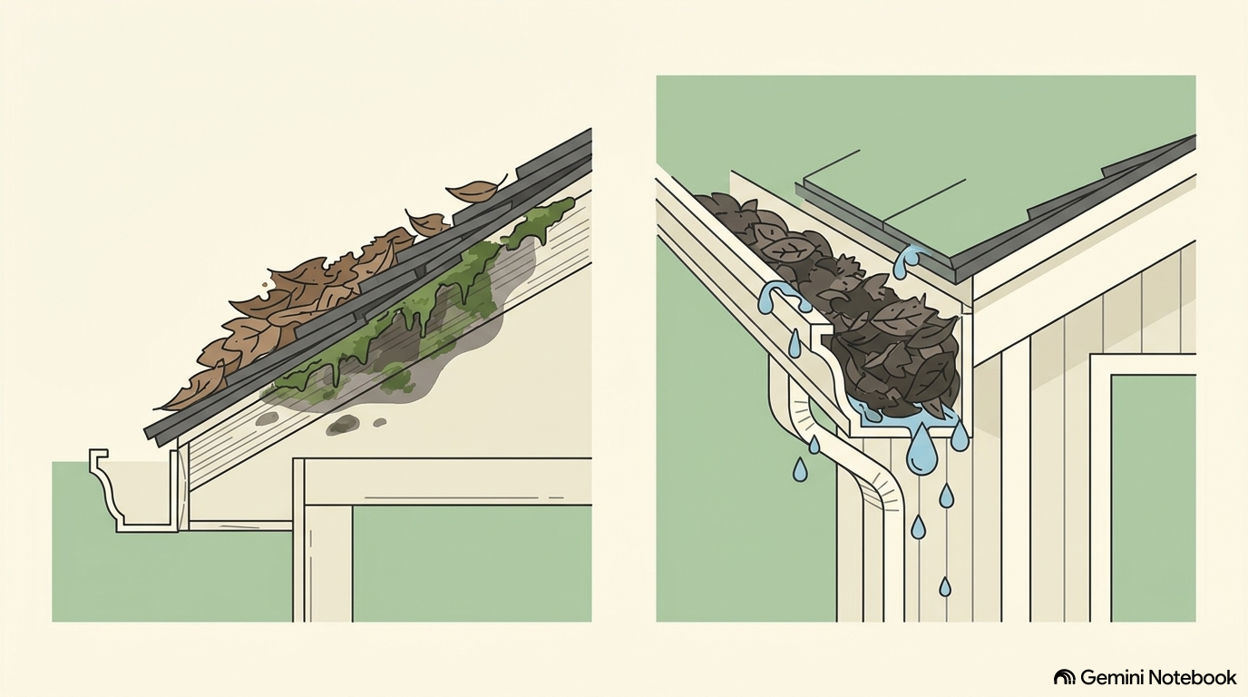 Two diagrams showing how leaves may accumulate, leading to retained moisture and damaged gutters.