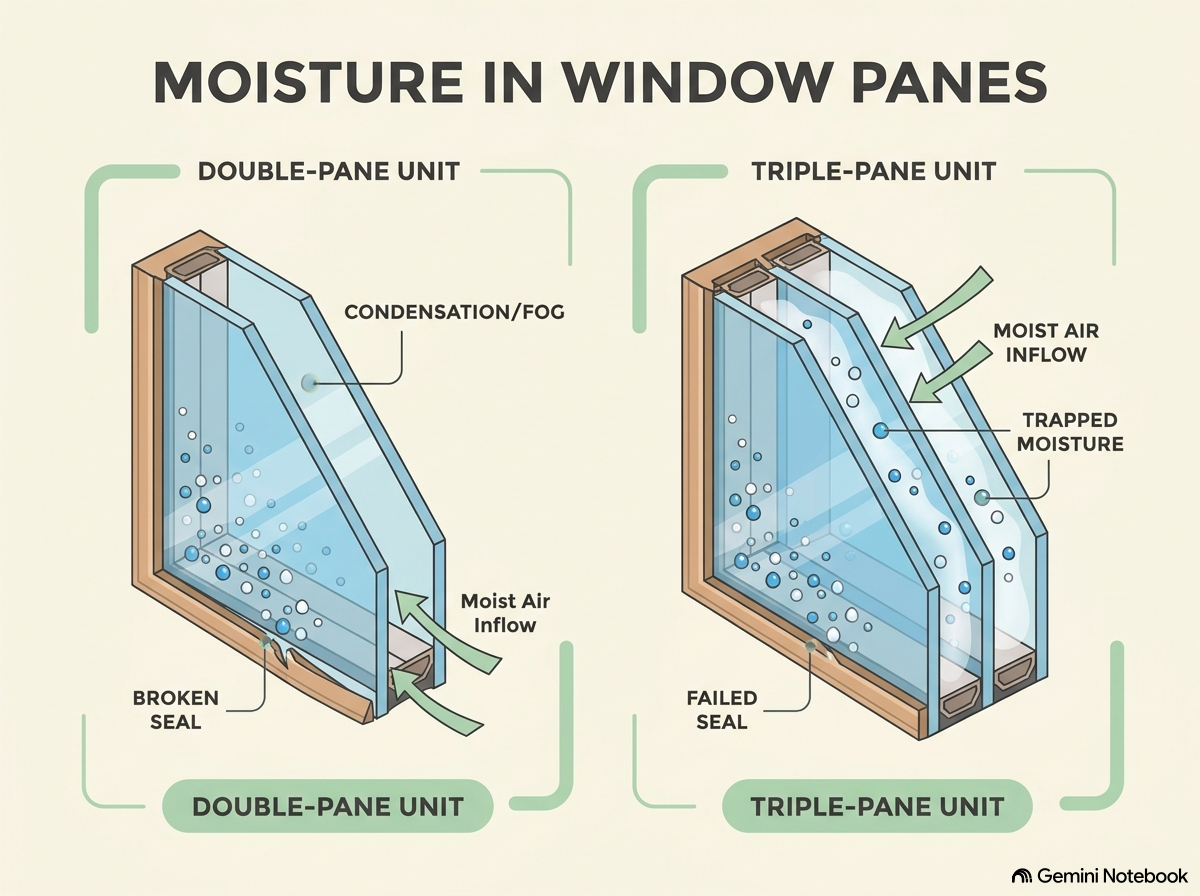 An image showing how window condensation may get trapped between panes.